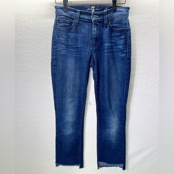 7 For All Mankind Straight Leg Cropped Jeans Womens 24 Stretch Cute Frayed 1990 - Picture 1 of 10